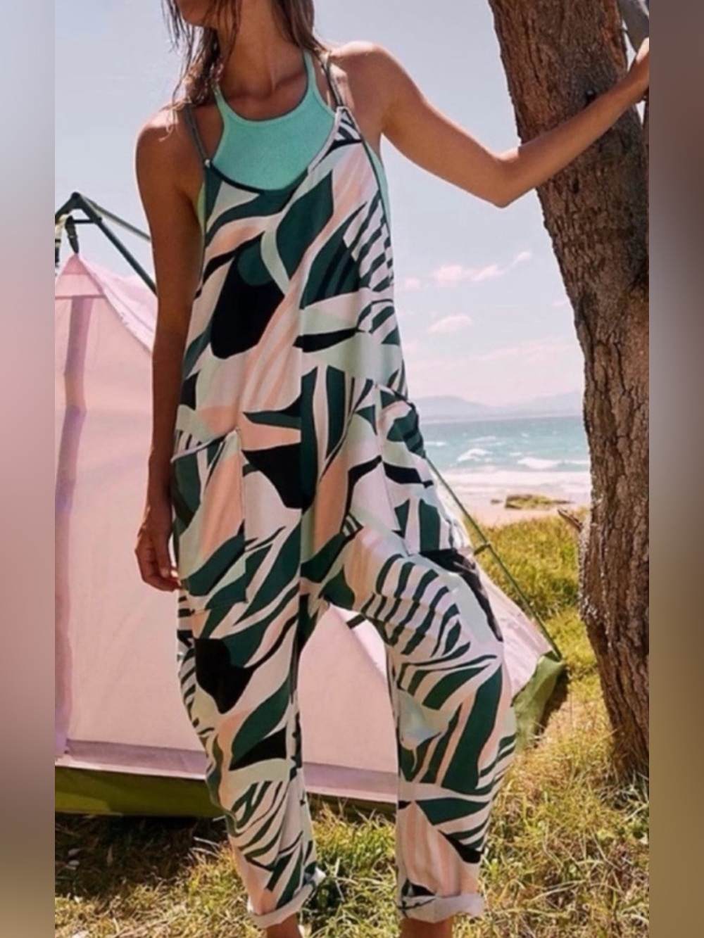 Free People Tropical Print Wide Leg Romper Size M Boho Beach